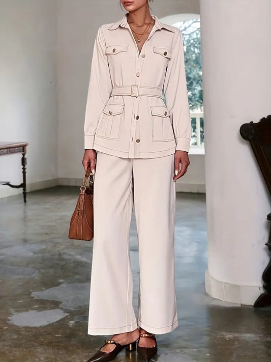 CM-ST801370 Women Elegant Seoul Style Solid Color Pleated Pocket Decor Long Sleeve Top With Pants - Set