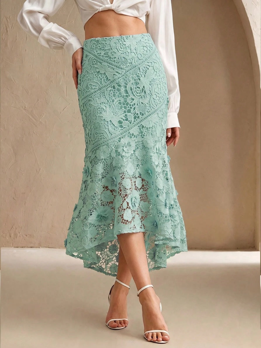 CM-BS607462 Women Elegant Seoul Style High Waist 3D Floral Mermaid Mid-Length Skirt - Green