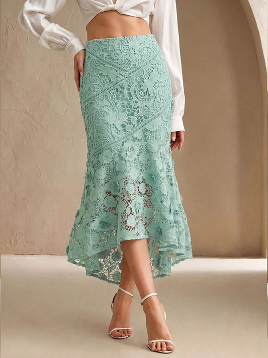 CM-BS607462 Women Elegant Seoul Style High Waist 3D Floral Mermaid Mid-Length Skirt - Green