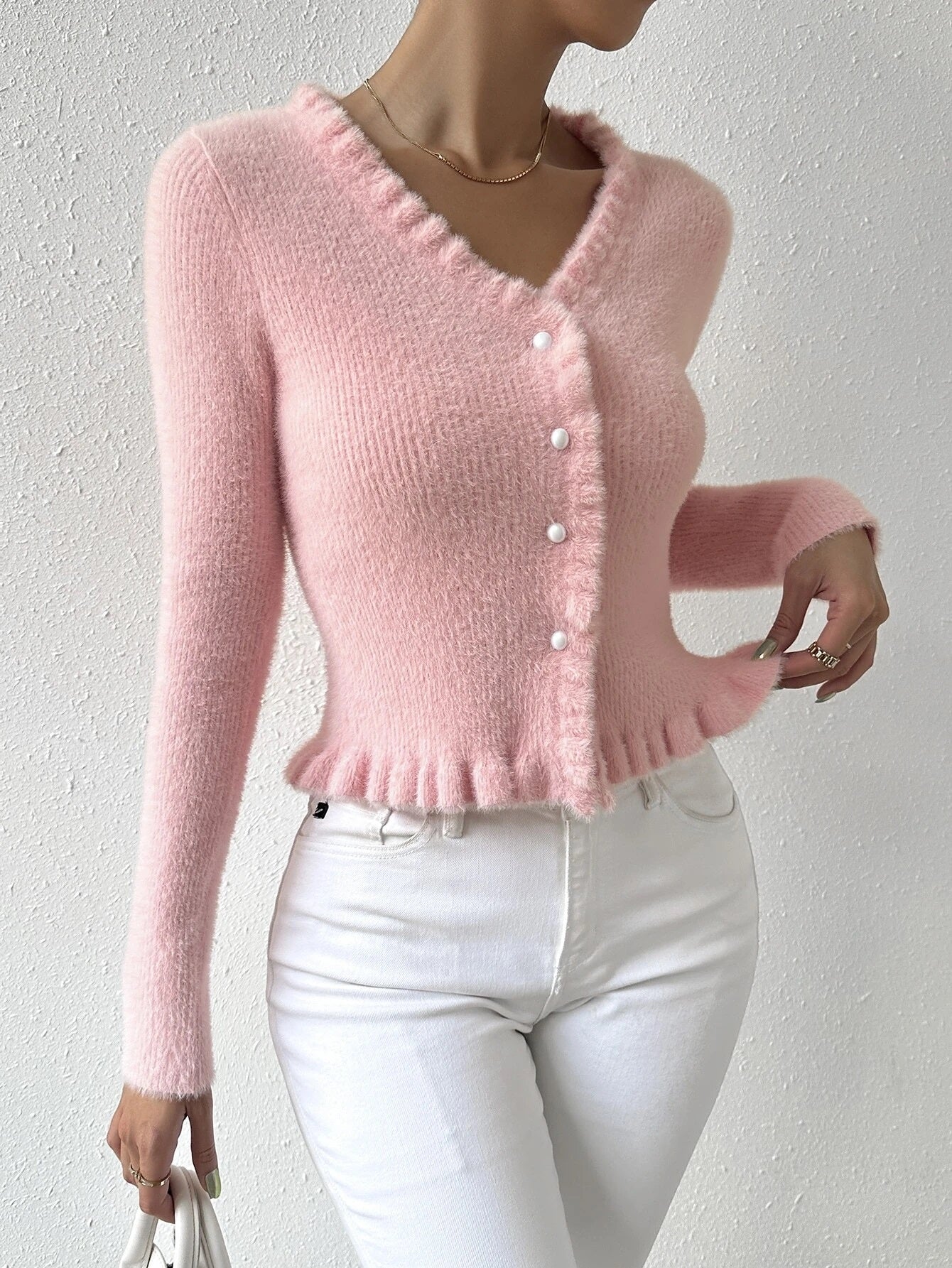 CM-CS713218 Women Casual Seoul Style Frill Trim Open Front Cardigan - Baby Pink