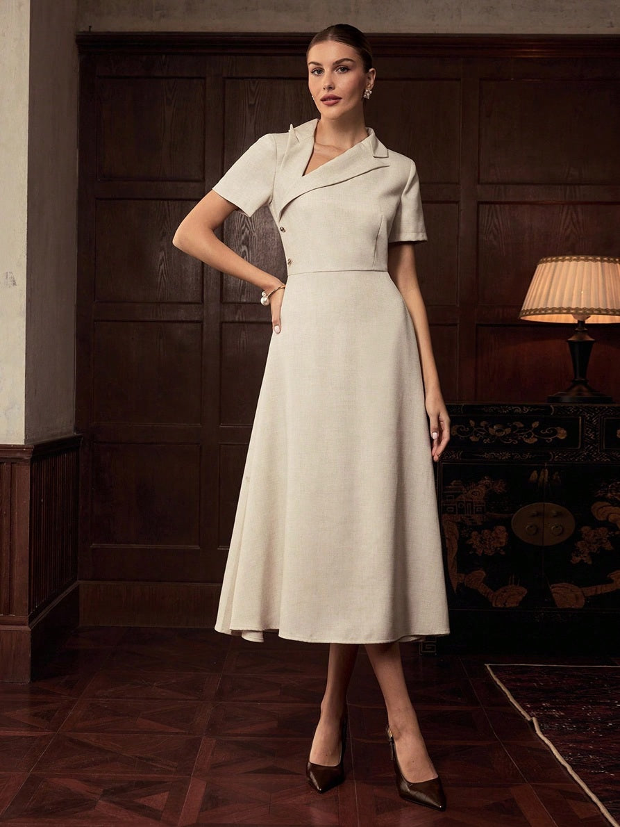 CM-DS559145 Women Elegant Seoul Style Asymmetrical Neck Short Sleeve High Waist Split Thigh Midi Dress - Apricot