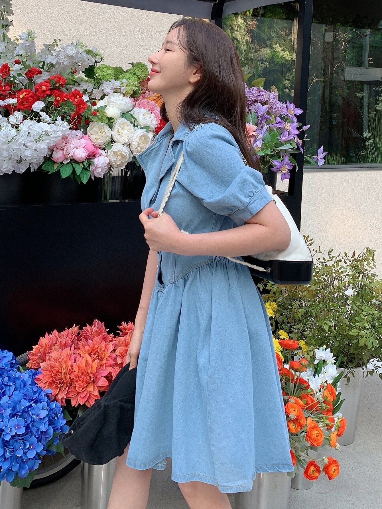 CM-DS727770 Women Casual Seoul Style Lapel Collar Puff Sleeve Button Front Shirt Denim Dress