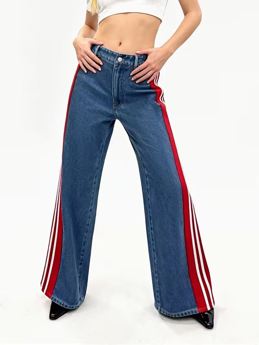 CM-BT576793 Women Casual Seoul Style Patchwork Striped High-Waist Wide-Leg Pants - Red