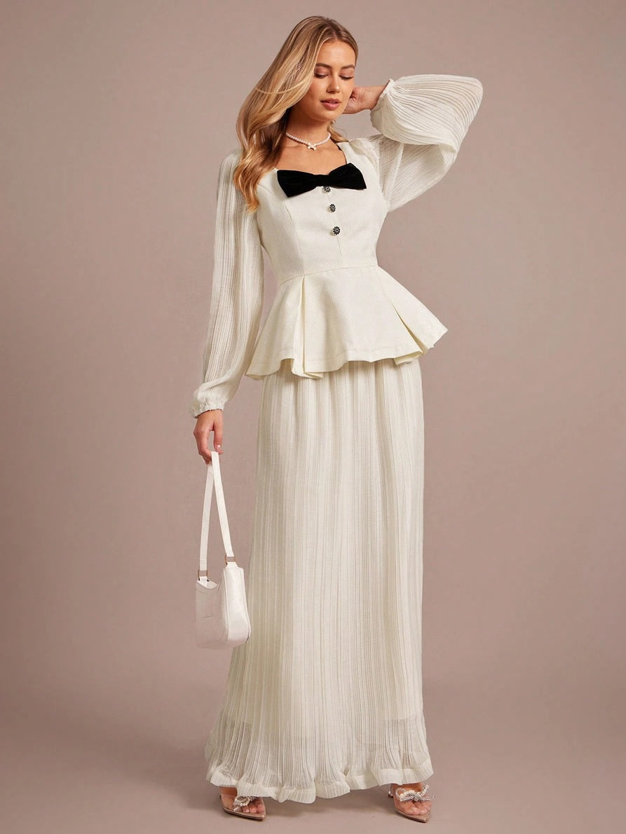 CM-SS032569 Women Elegant Seoul Style Square Neck Bow Decor Lantern Sleeve Ruffle Hem Top With Long Pleated Skirt - Set