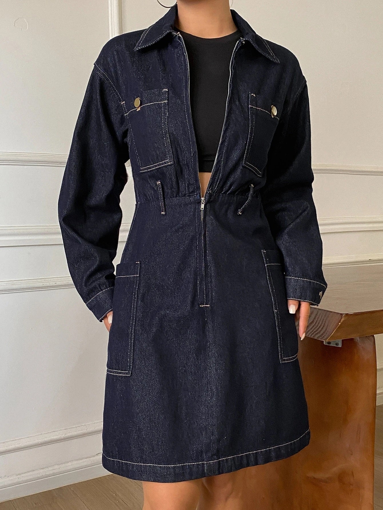 CM-DS937408 Women Casual Seoul Style Dark Wash Collar Neckline Wrist Length Sleeve Loose Fit Short Denim Dress