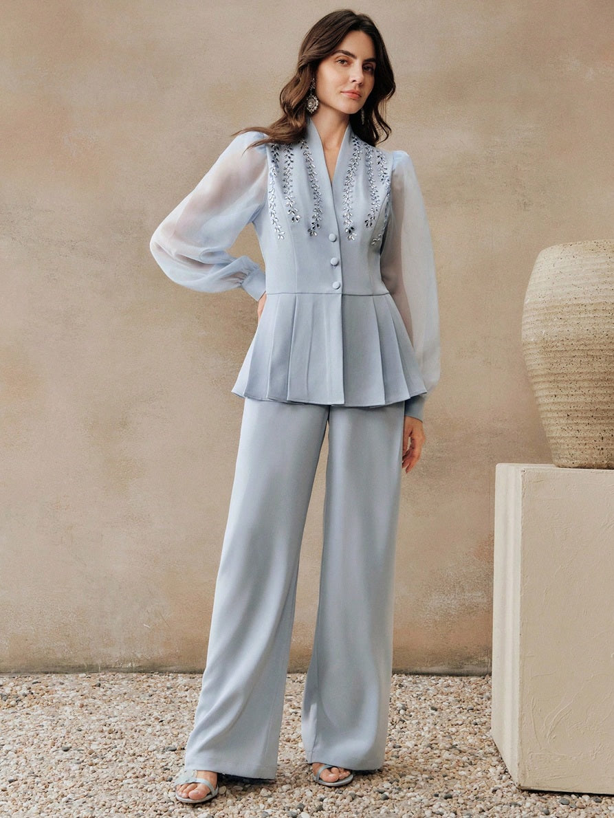 CM-SS511976 Women Elegant Seoul Style Shawl Collar Mesh Long Sleeve Rhinestone Fitted Blouse With Straight Leg Pants - Set
