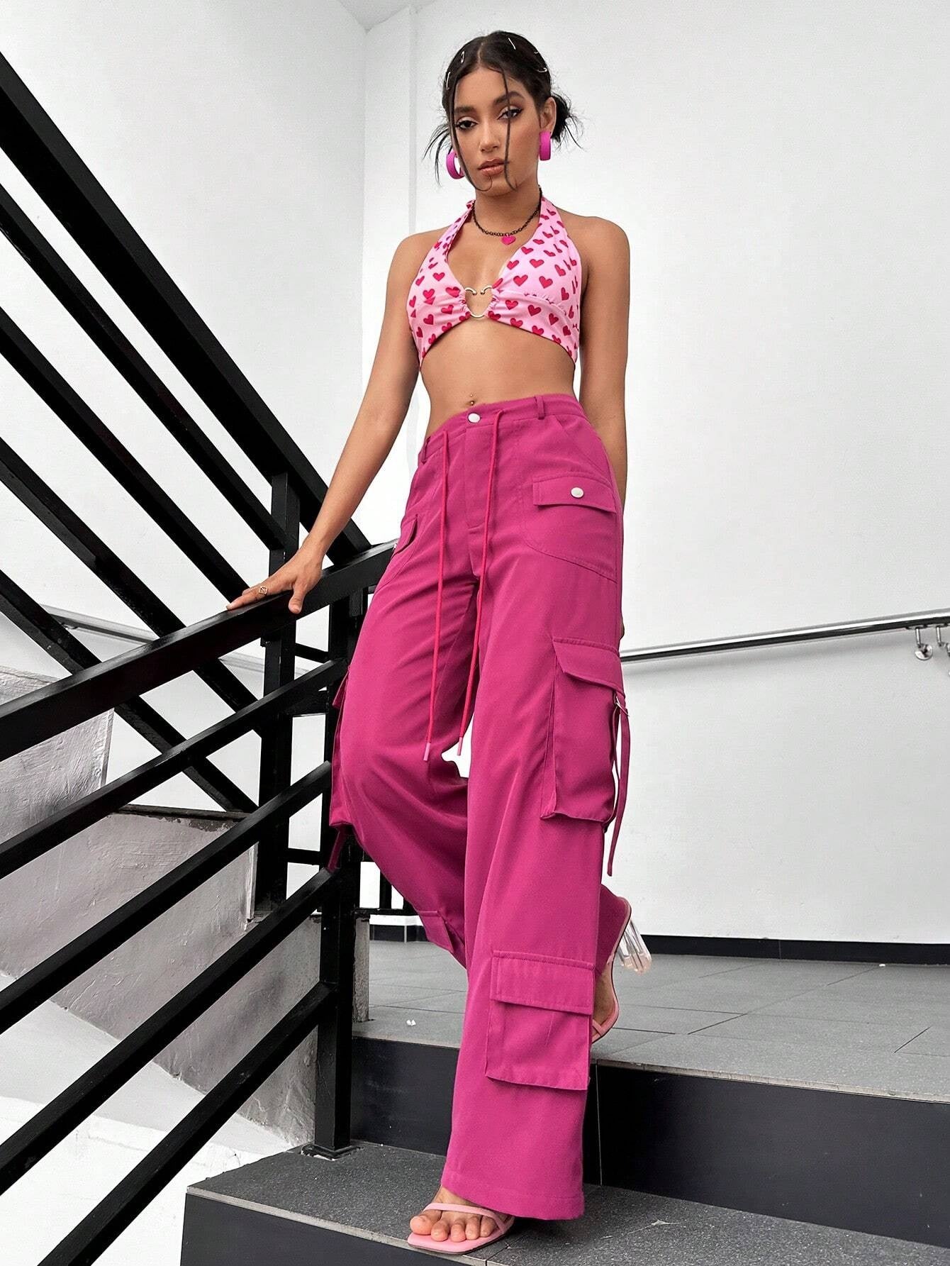 CM-BS431119 Women Casual Seoul Style Flap Pocket Side Cargo Pants - Hot Pink
