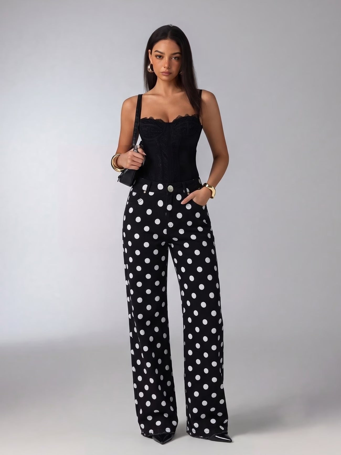 CM-BT186590 Women Casual Seoul Style High Waist Polka Dot Straight-Leg Long Jeans - Black