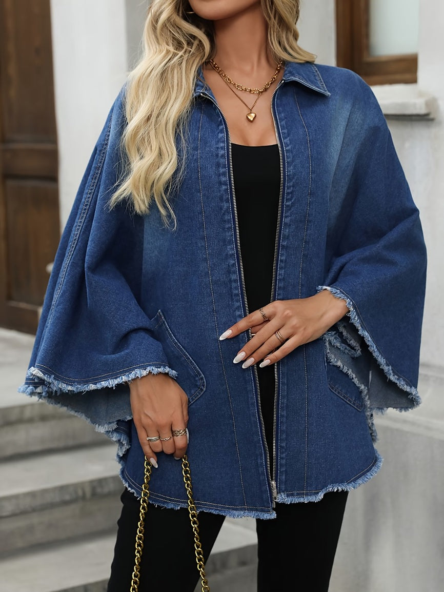 CM-CT158142 Women Casual Seoul Style Collar Neckline Cape Sleeve Loose Denim Jacket - Dark Blue