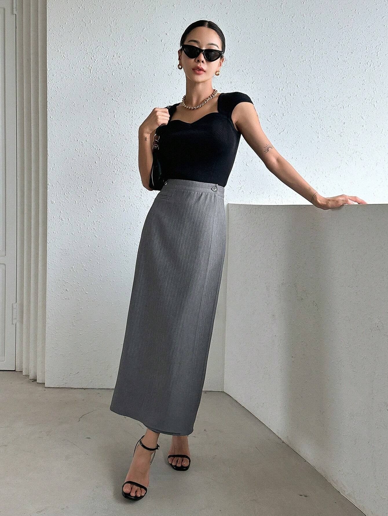 CM-BS413654 Women Elegant Seoul Style Solid High Waist Split Back Skirt - Gray