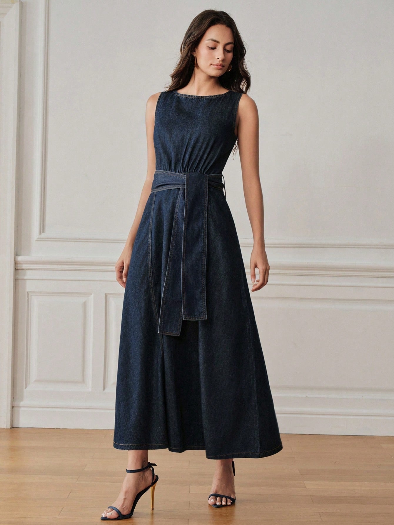 CM-DS406448 Women Elegant Seoul Style Round Neck Sleeveless Belted A-Line Denim Dress - Blue