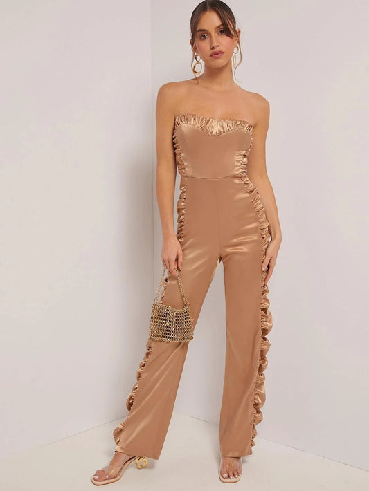 CM-JS417592 Women Elegant Seoul Style Ruched Side Satin Tube Jumpsuit - Apricot