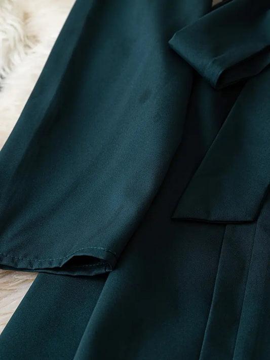 CM-DT708348 Women Elegant Seoul Style V-Neck Long Sleeve Ruched Waist Bow Detail A-Line Midi Dress