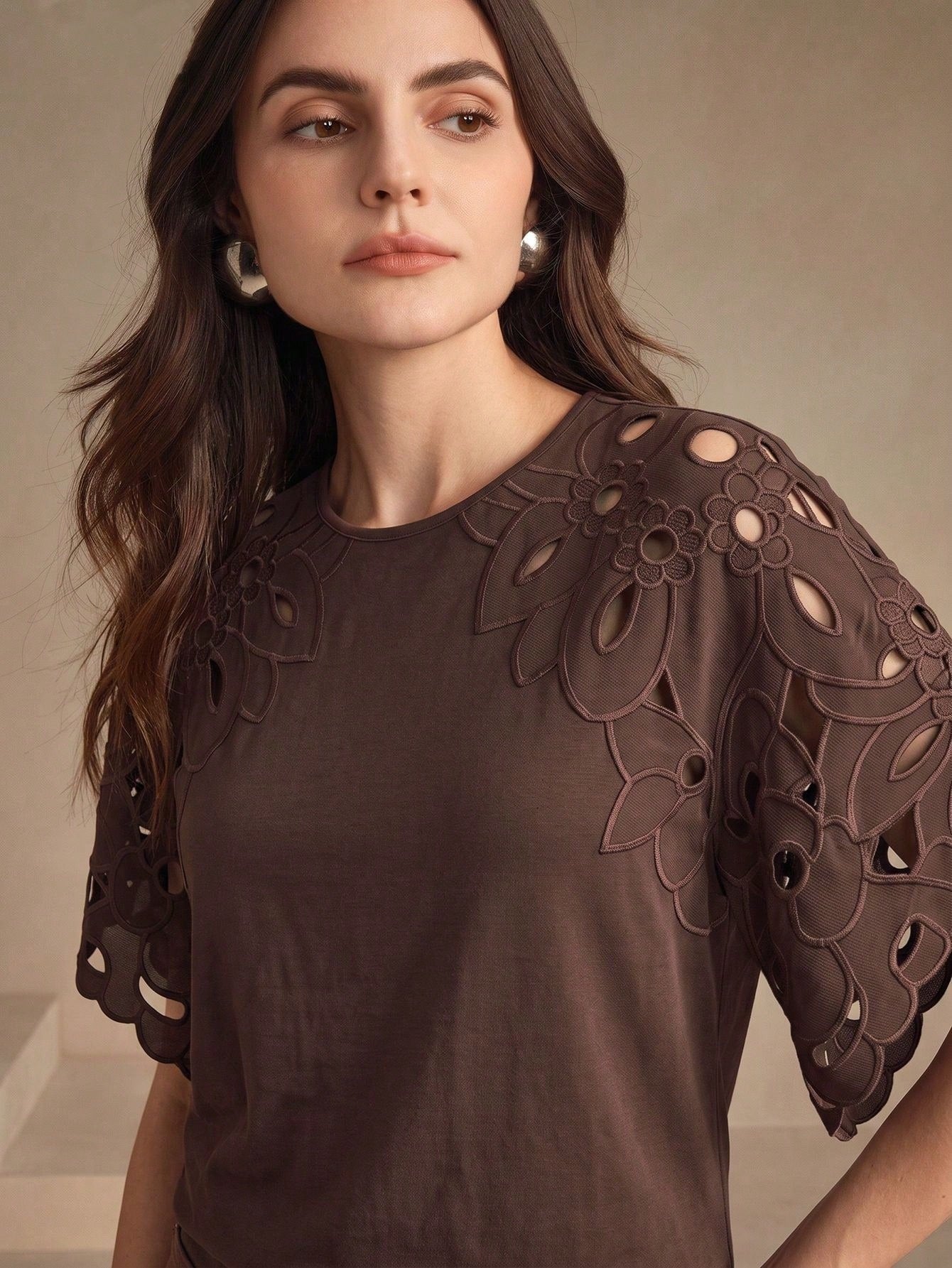 CM-TS611837 Women Casual Seoul Style Round Neck Batwing Sleeve Cut-Out T-Shirt - Brown