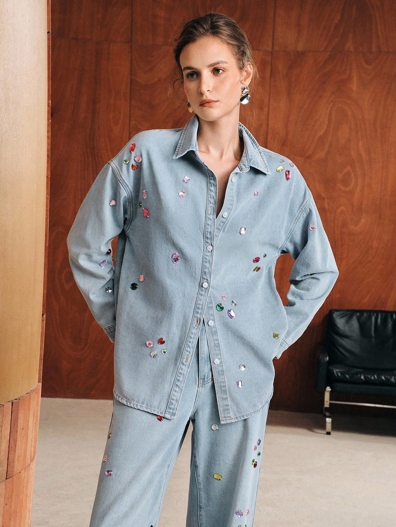 CM-CS760518 Women Elegant Seoul Style Collar Neckline Wrist-Length Sleeve Sparkling Rhinestone Jacket - Blue