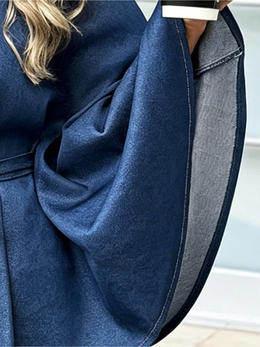 CM-CT556422 Women Casual Seoul Style Stand Collar Cape Sleeve Belted Denim Jacket - Lake Blue