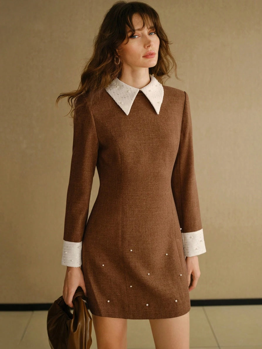 CM-DS343550 Women Elegant Seoul Style Contrast Panel Long Sleeve Faux Pearl Detail Short Dress - Brown
