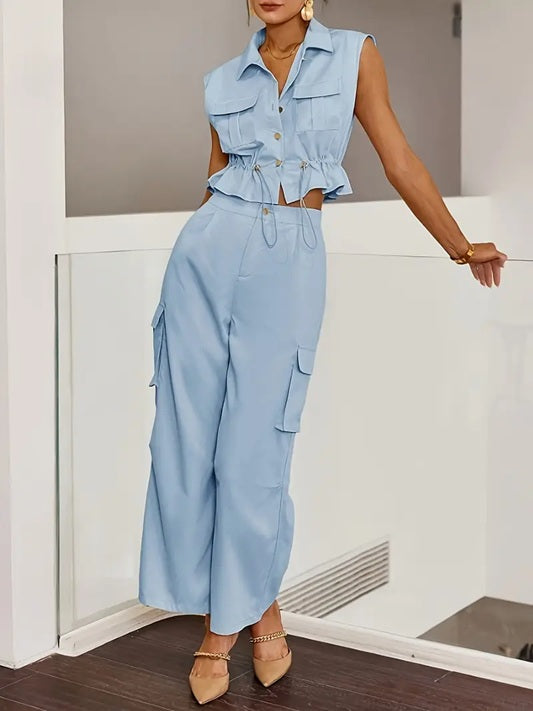 CM-ST491171 Women Elegant Seoul Style 3D Pocket Drawstring Waist Sleeveless Top With Pants - Set