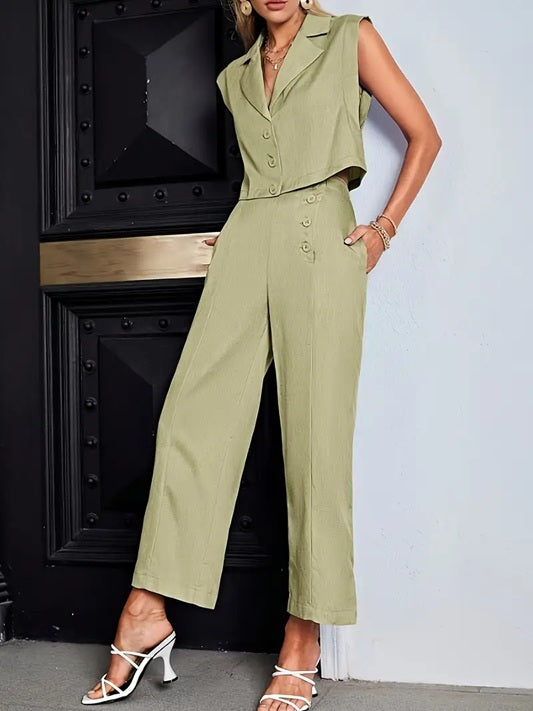 CM-ST537416 Women Elegant Seoul Style Solid Color Lapel Neckline Sleeveless Blouse With Slant Pocket Pants - Set