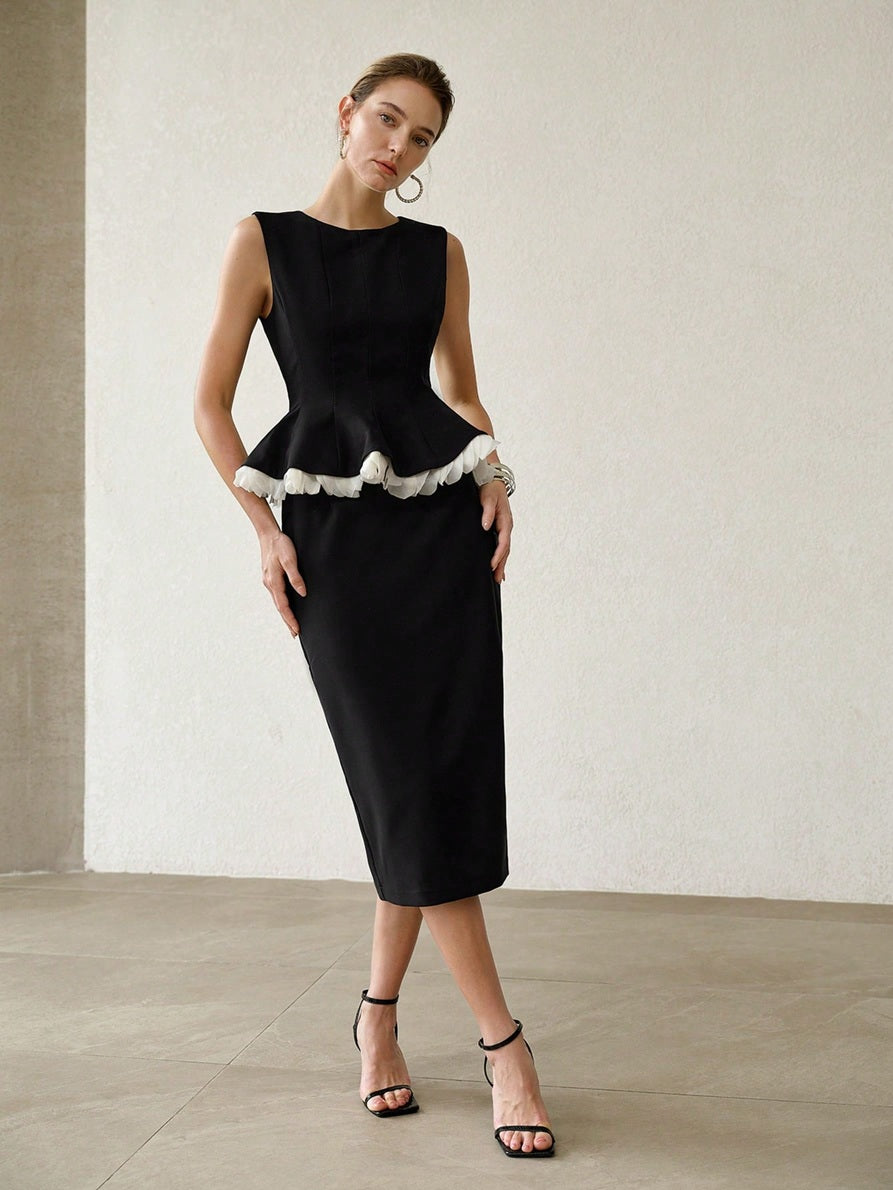 CM-SS084702 Women Elegant Seoul Style Minimalist Patchwork Ruffle Sleeveless Top With Midi Skirt - Set