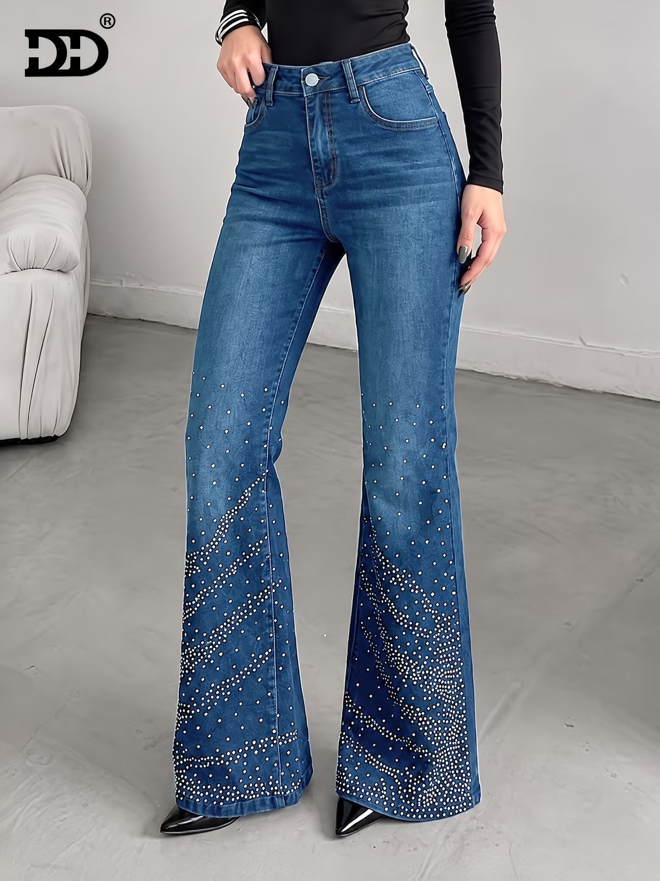 CM-BT960384 Women Casual Seoul Style Medium Wash Rhinestone-Embellished Flared Jeans