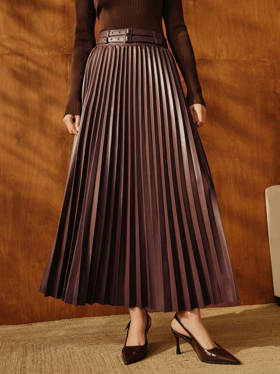 CM-BS595392 Women Elegant Seoul Style High Waist Pleated Belted Mid-Length A-Line Skirt - Coffee Brown