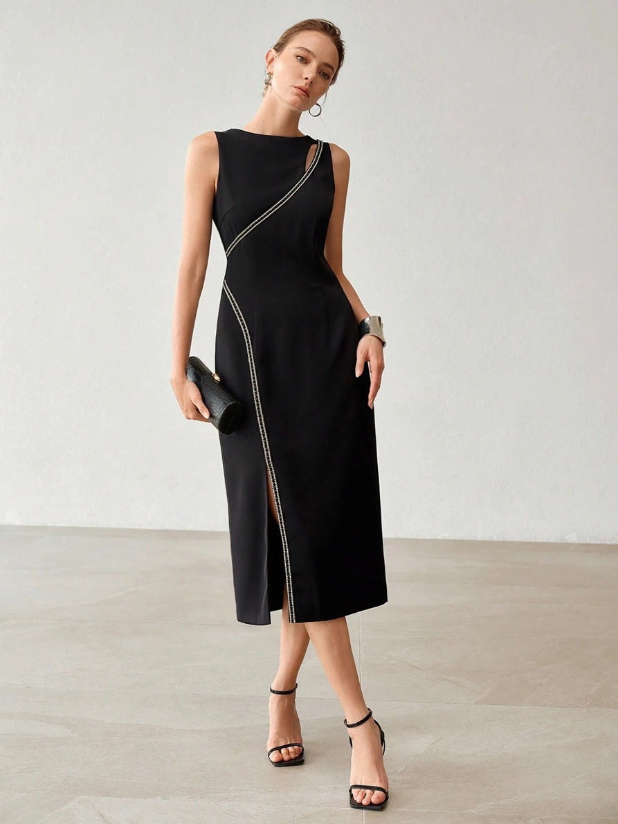 CM-DS026972 Women Elegant Seoul Style Round Neck Sleeveless Faux Pearl Decor Hollow Out High Slit Hem Dress - Black