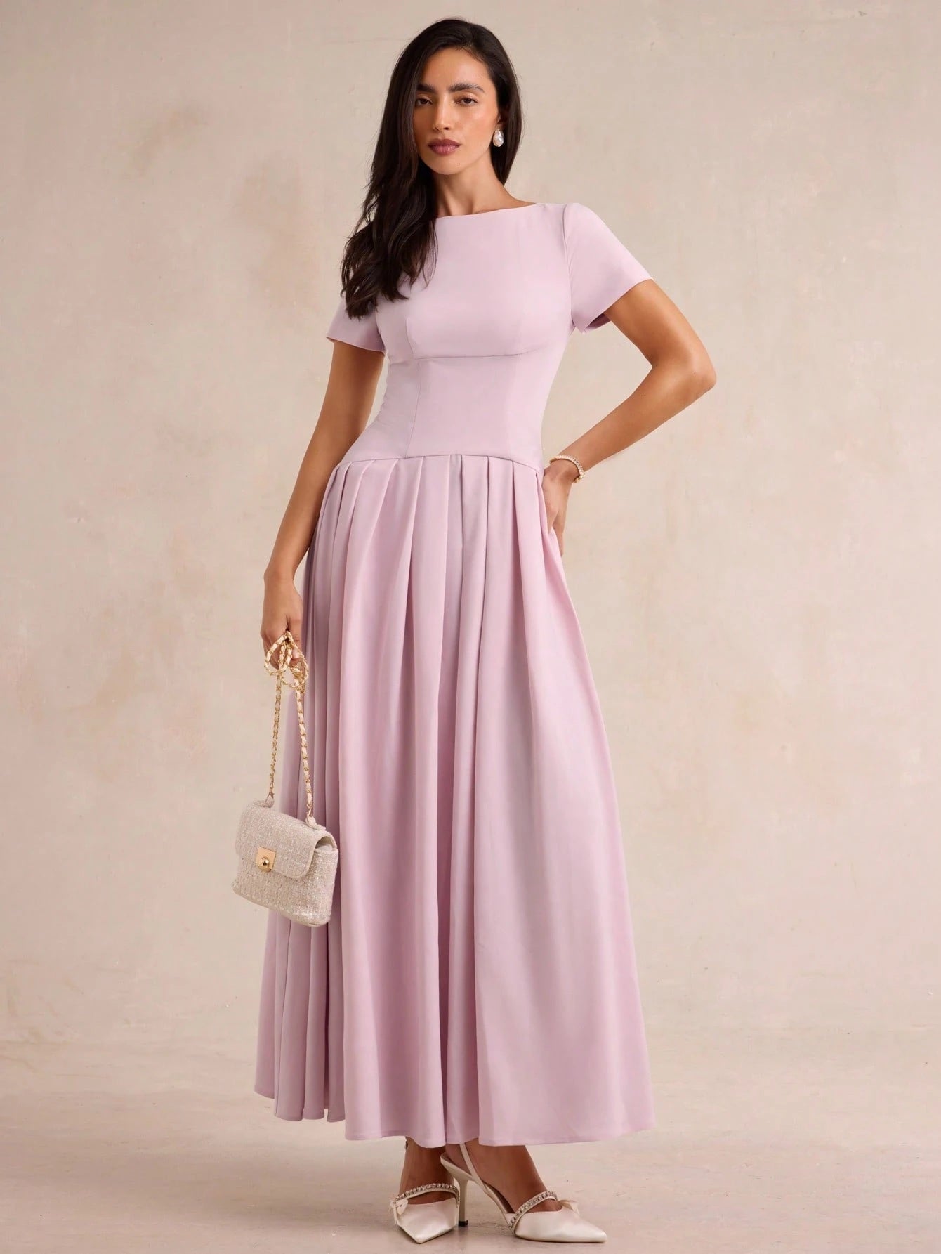CM-DS880939 Women Elegant Seoul Style Round Neck Short Sleeve High Waist Pleated Long Dress - Pink