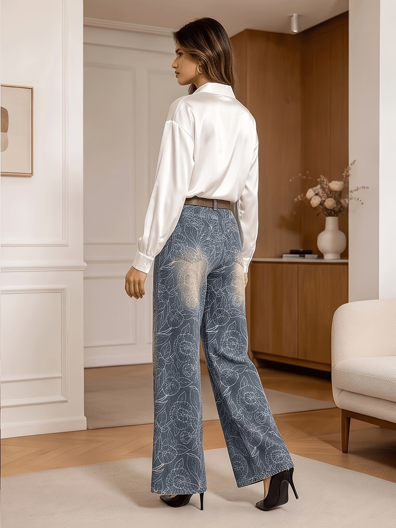 CM-BT636983 Women Casual Seoul Style Medium Wash Mid Waist Floral Jacquard Wide-Leg Jeans