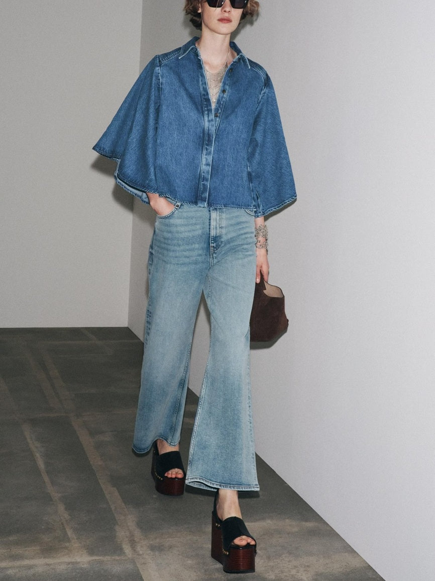 CM-CT274713 Women Elegant Seoul Style Medium Wash V-Neck Long Sleeve Loose Denim Jacket