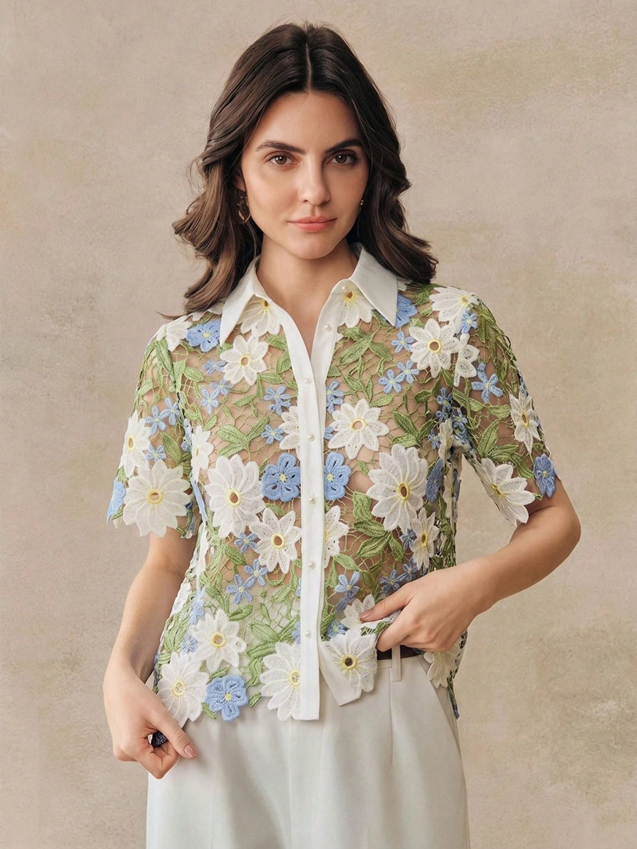 CM-TS121784 Women Elegant Seoul Style Hollow Floral Shape Pattern Short Sleeve Half-Round White Pearl Button Shirt
