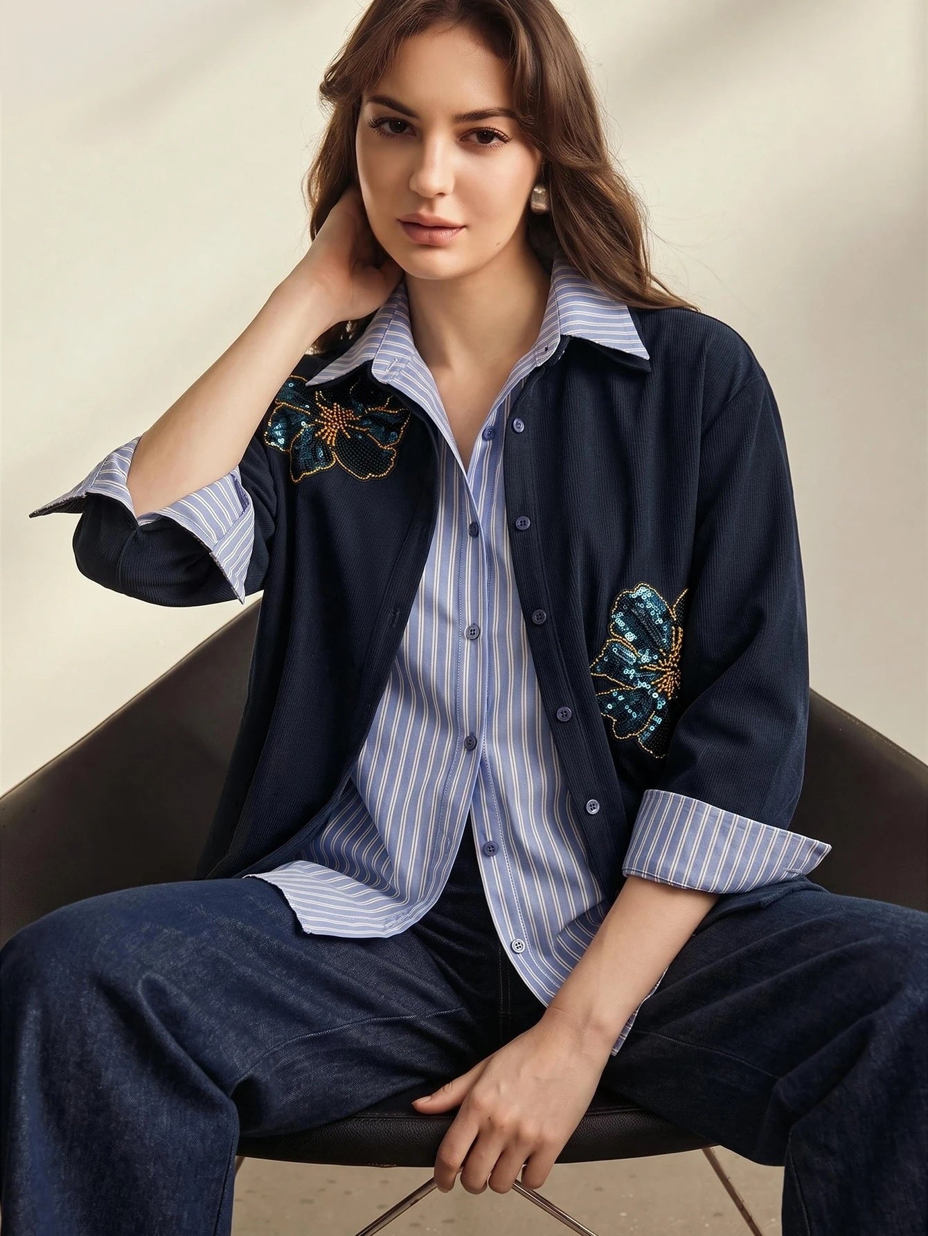 CM-TS565155 Women Elegant Seoul Style Striped Corduroy 2 In 1 Design Embroidery Applique Loose Fit Blouse