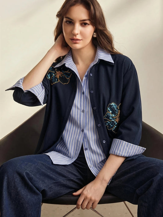 CM-TS565155 Women Elegant Seoul Style Striped Corduroy 2 In 1 Design Embroidery Applique Loose Fit Blouse