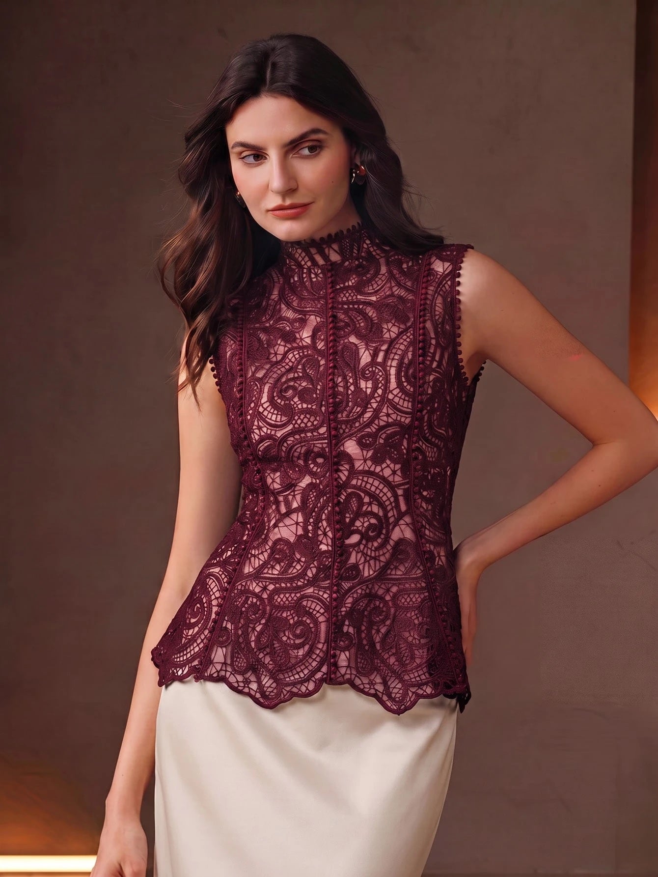 CM-TS786037 Women Elegant Seoul Style Stand Collar Sleeveless Lace Hollow Patchwork Ruffle Waist Cinched Tank Top - Burgundy