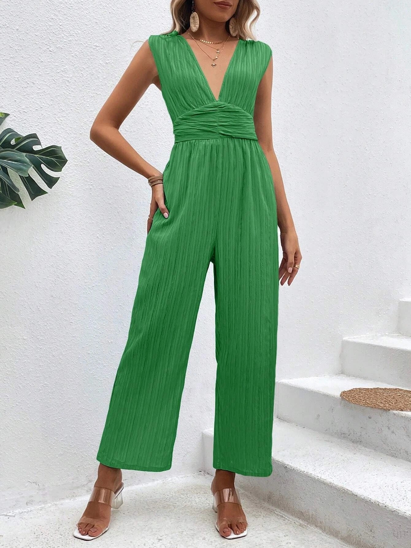 CM-JS794002 Women Casual Seoul Style Plunging Neck Tie Back Wide Leg Jumpsuit - Green
