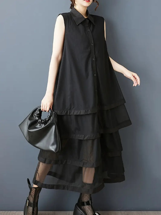 CM-DT033674 Women Casual Seoul Style Collar Neckline Button Front Sleeveless A-Line Shirt Dress - Black