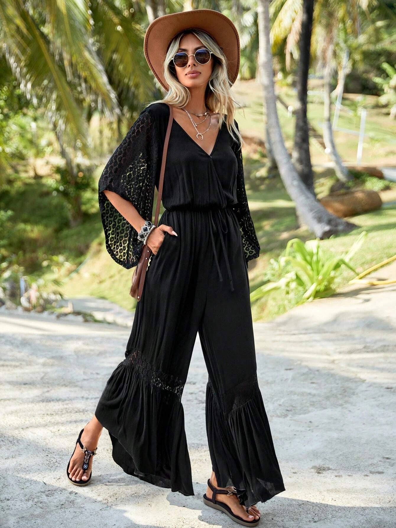 CM-JS577733 Women Trendy Bohemian Style Slant Pocket Ruffle Hem Belted Wide Leg Jumpsuit