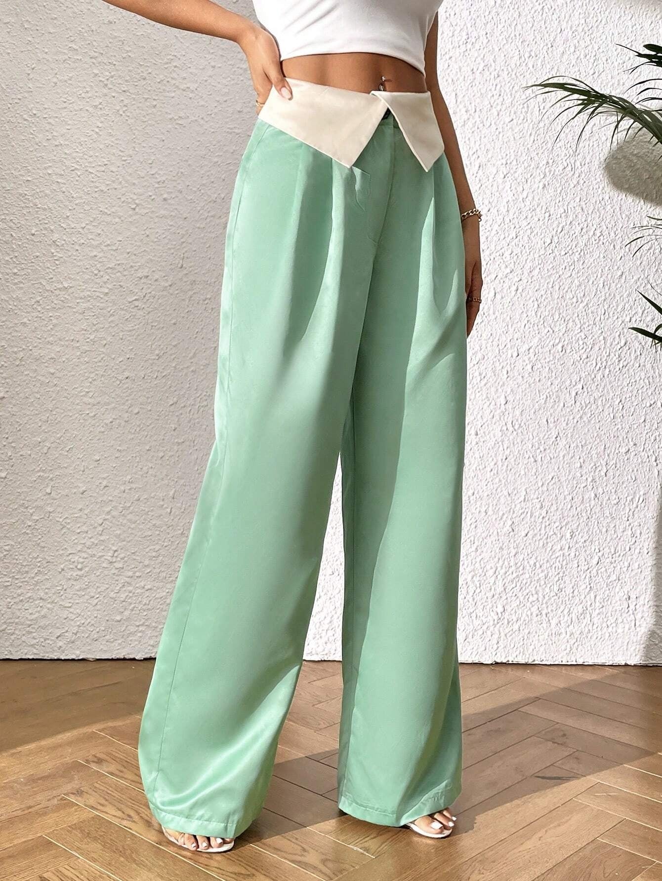 CM-BS322229 Women Elegant Seoul Style Fold Pleated Detail Wide Leg Pants - Green