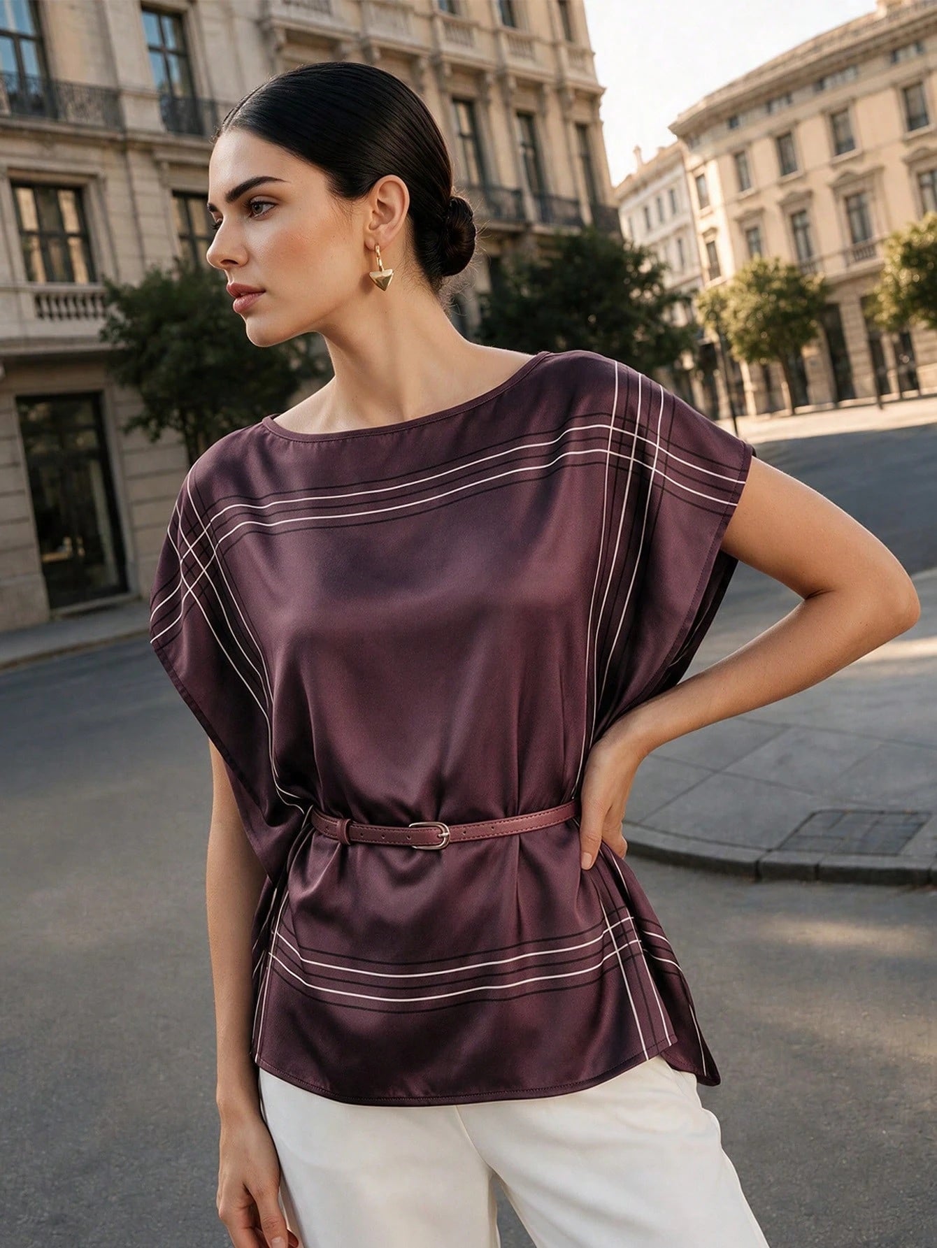 CM-TS644206 Women Elegant Seoul Style Round Neck Scarf-Like Texture Top With Belt Detail - Purple
