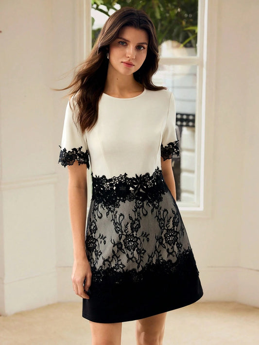 CM-DS712443 Women Elegant Seoul Style Round Neck Short Sleeve Colorblock Lace Waist-Cinching A-Line Mini Dress