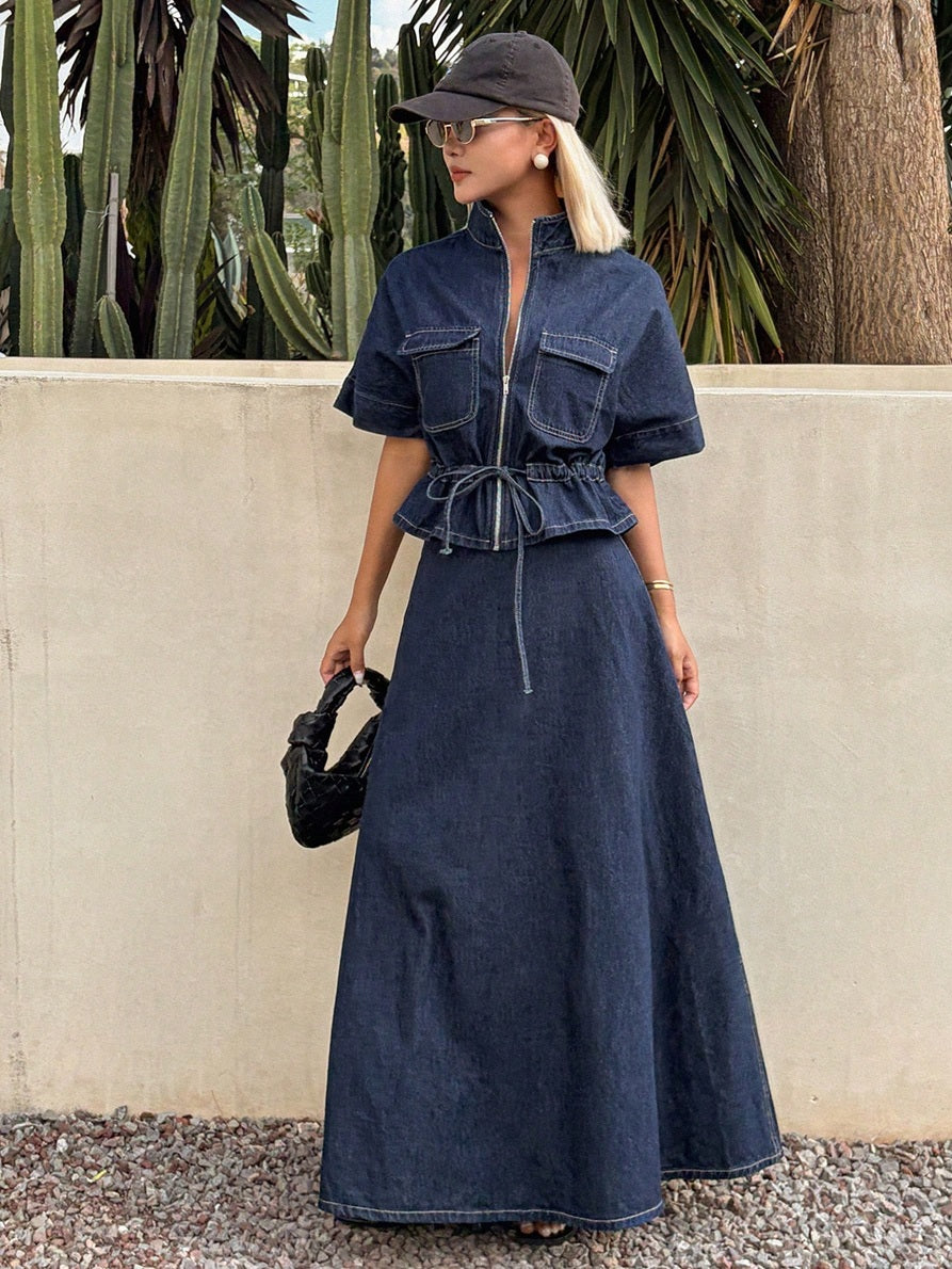 CM-SS535527 Women Casual Seoul Style Stand Collar Short Sleeve Cinched Waist Drawstring Denim Top With A-Line Long Skirt - Set