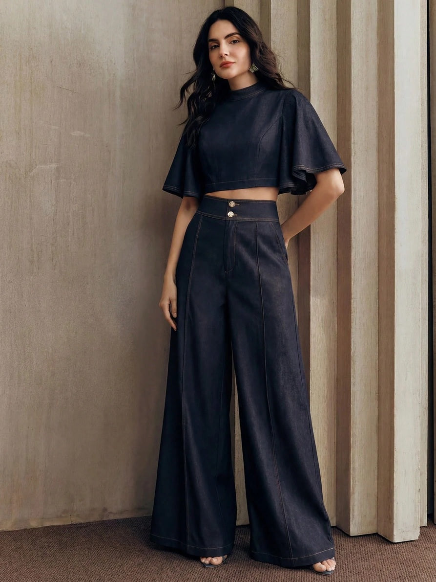 CM-SS444648 Women Elegant Seoul Style Short Sleeve Cape Colorblock Embroidered Top With High-Waist Wide-Leg Trousers - Set