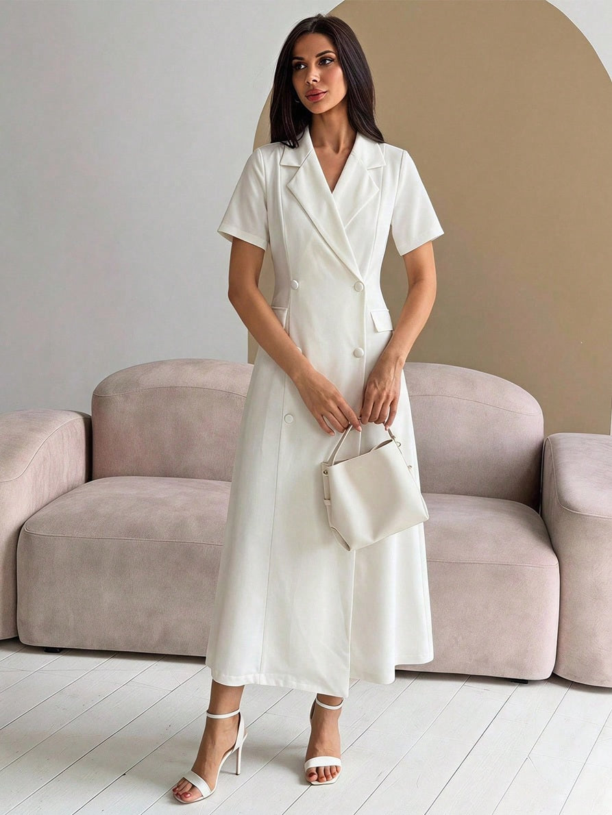 CM-DS789863 Women Casual Seoul Style Lapel Neckline Short Sleeve High Waist Mid-Length Dress