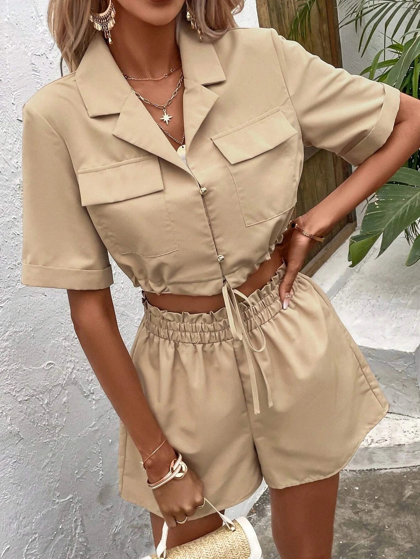 CM-SS462660 Women Casual Seoul Style Flap Detail Drawstring Hem Blouse With Shorts - Set