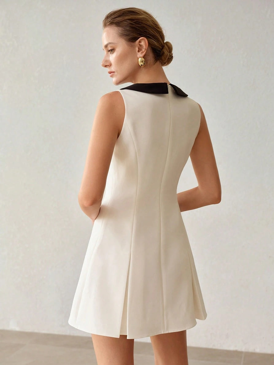 CM-DS554097 Women Elegant Seoul Style Colorblock Lapel Sleeveless Waist-Cinching Pleated Mini Dress