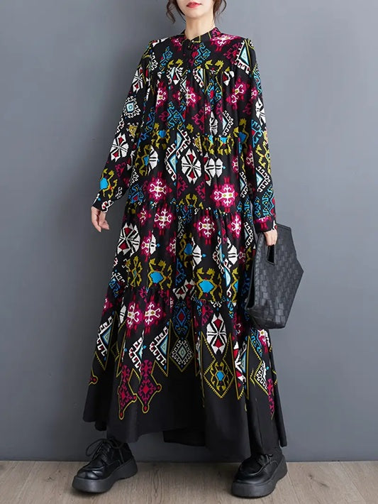 CM-DT103391 Women Casual Seoul Style Geometric Print Stand Collar Long Sleeve A-Line Loose Fit Maxi Dress