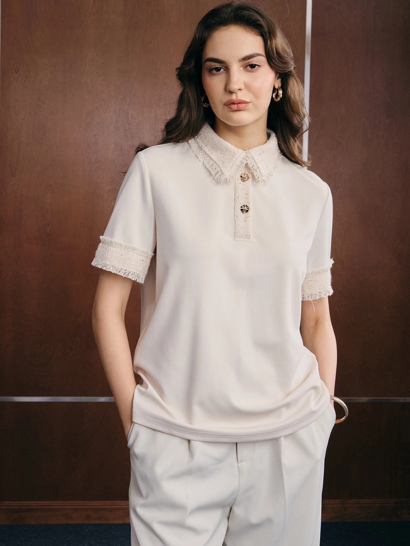 CM-TS014476 Women Elegant Seoul Style Patchwork Tweed Fringe Rhinestone Button Polo Shirt - Apricot