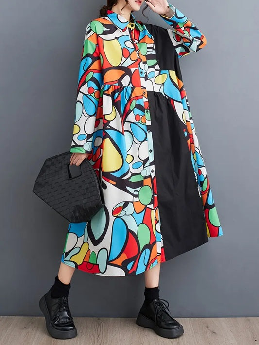 CM-DT105914 Women Casual Seoul Style Geometric Pattern Collar Neckline Long Sleeve Asymmetrical Hem Dress