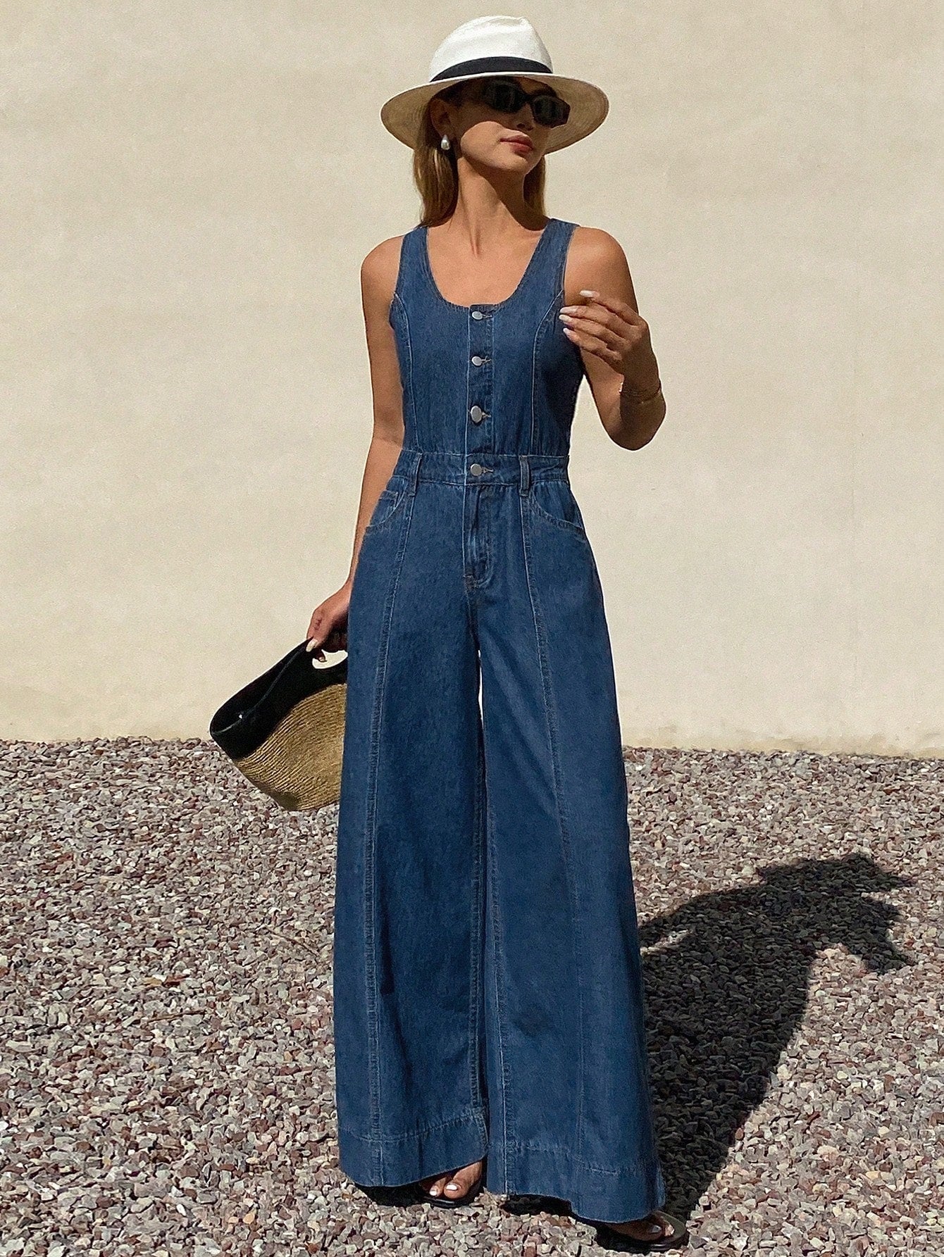 CM-JS194919 Women Elegant Seoul Style Medium Wash Sleeveless Adjustable Strap Loose Straight Leg Denim Jumpsuit