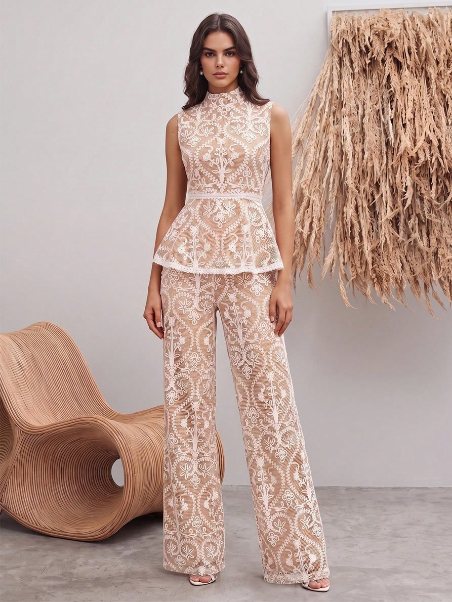 CM-SS686355 Women Elegant Seoul Style Stand Collar Sleeveless Contrast Color Embroidered Top With Straight Leg Pants - Set